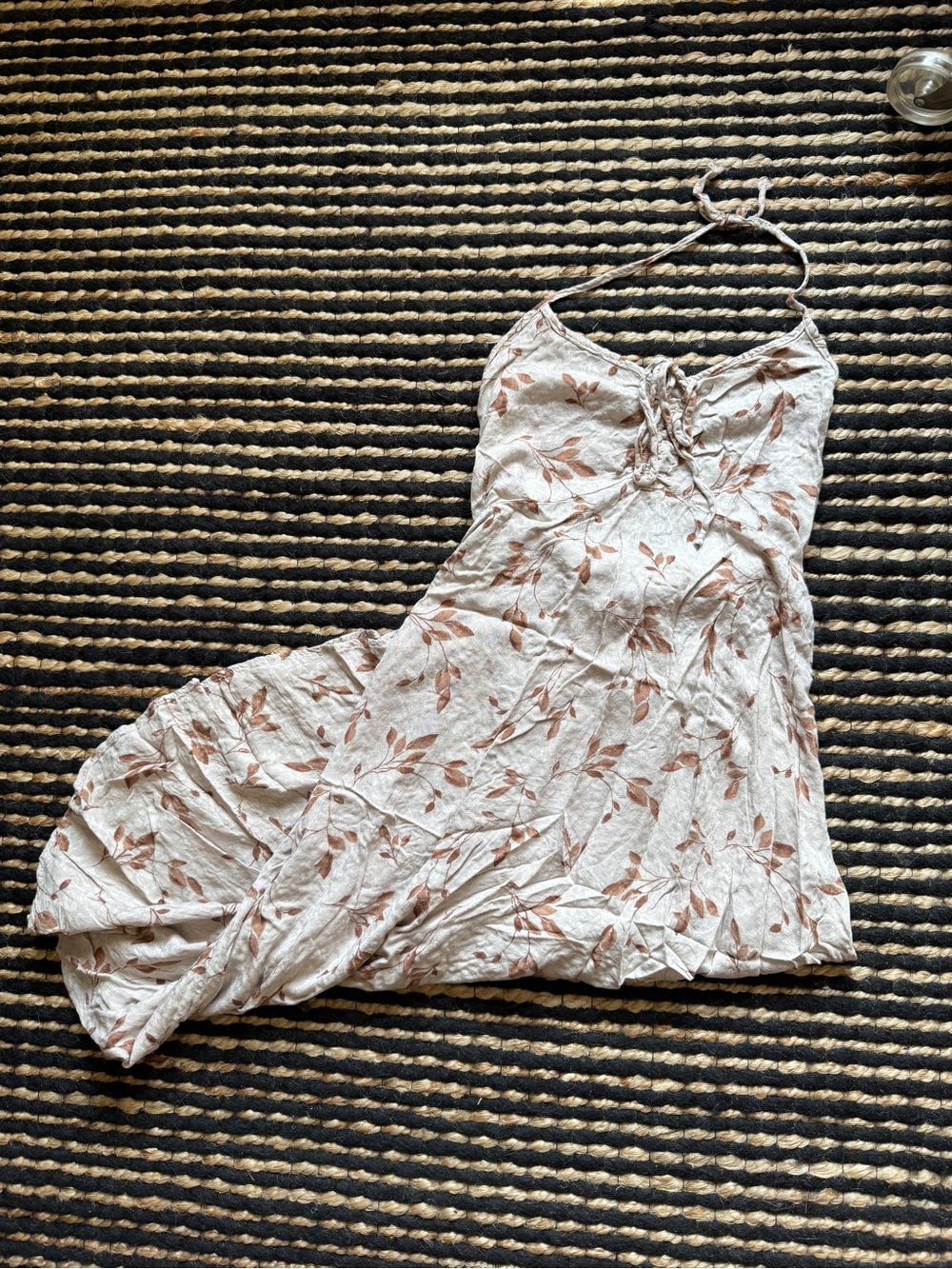Floral Halter Dress in Cream with Brown Leaf Print